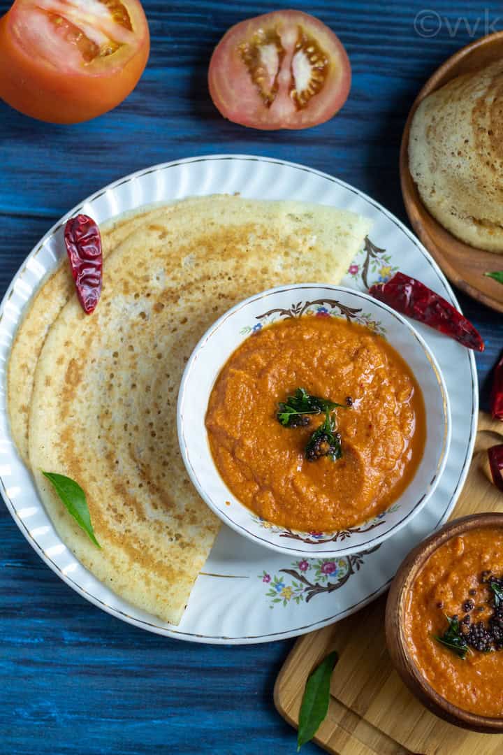 easy tomato chutney served in a white ceramic bowl