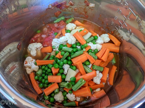 Adding veggies and mixing well