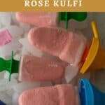 simple no cook rose kulfi on ice plate with rose petals with text overlay for pinterest