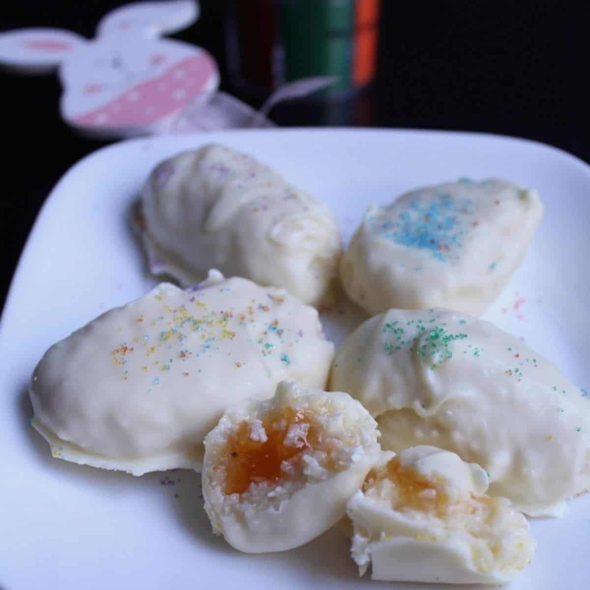 Eggless Coconut & White Chocolate Easter Eggs with Apricot Jam Filling