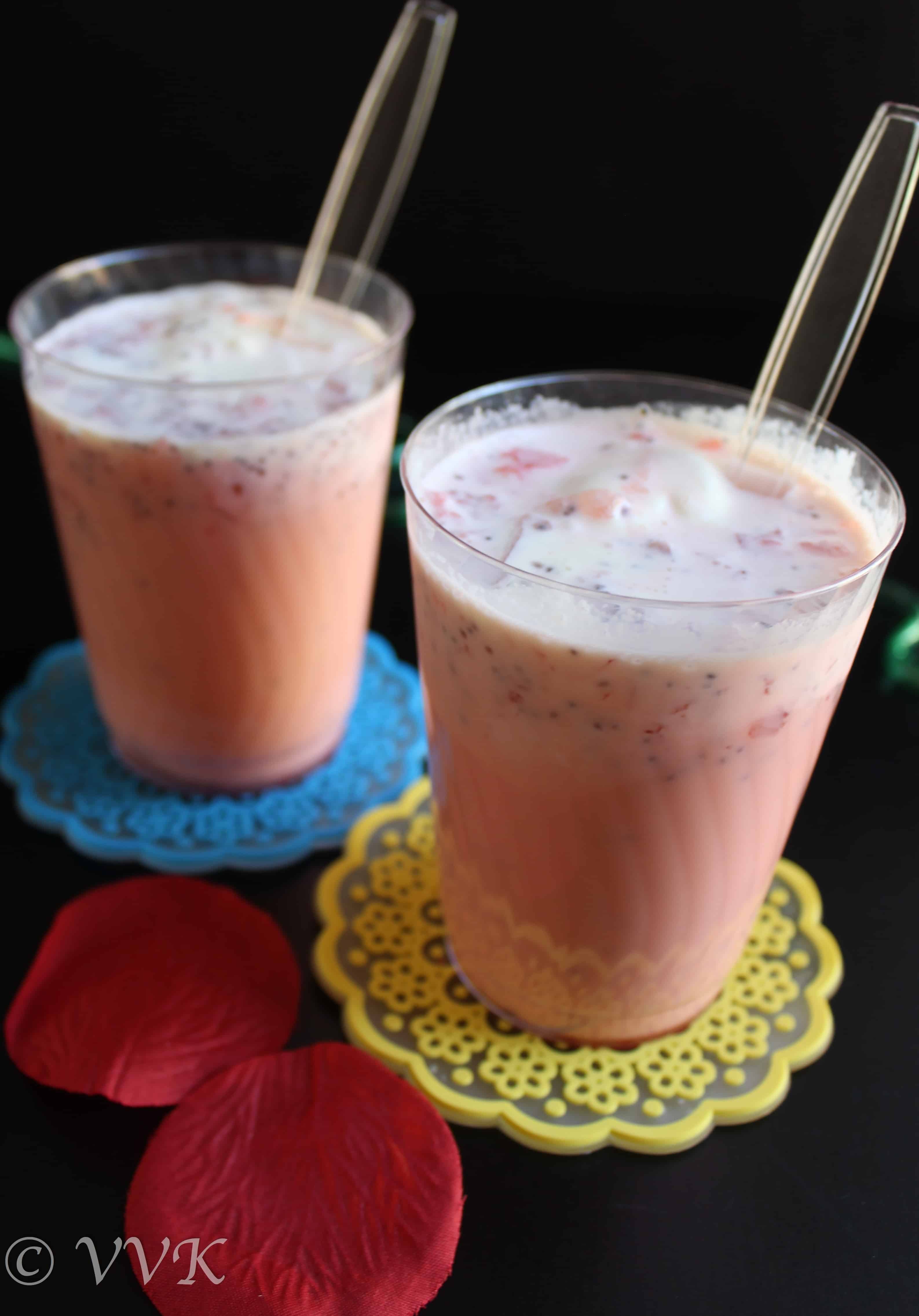 Serving Jil Jil Jigarthanda with China Grass and Evaporated Milk in two glasses