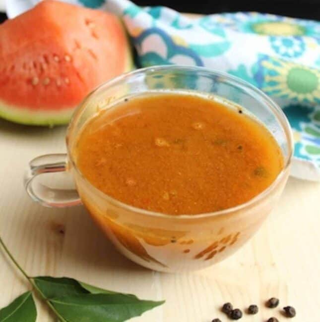 water melon rasam served in glass cup