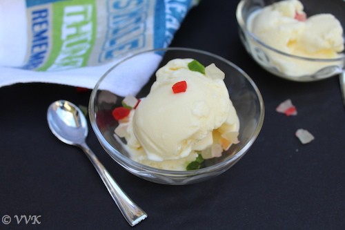 Homemade Custard Ice-Cream with Tutti Frutti served in a small bowl