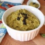 Closeup on the delicious and healthy Asparagus Chutney or Asparagus Thogayal in a big white bowl