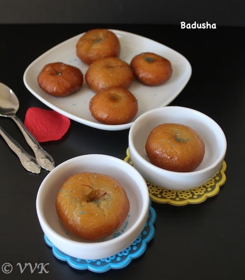 Seven Badusha or Balushahi served in different bowls