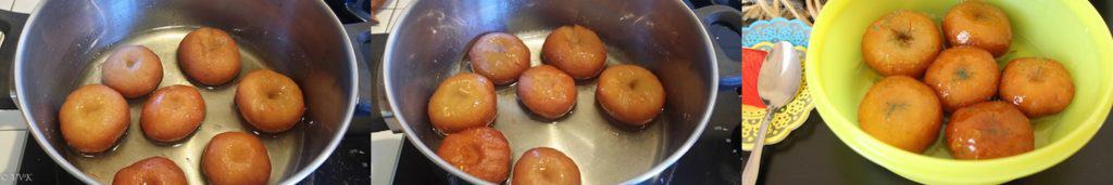Adding the fried badushas into the sugar syrup