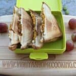 Vegetable Sandwich served in a lunch box with grapes around the box on a wooden board