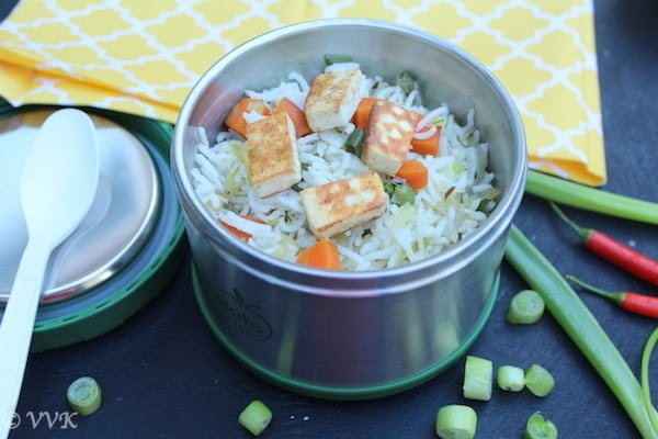Ghee Bhath or Ghee Rice with Veggies and Paneer stored in a lunch box