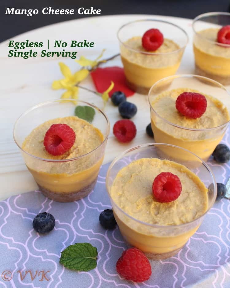 No Bake Eggless Mango Cheesecake with Agar Agar served in five glass cups