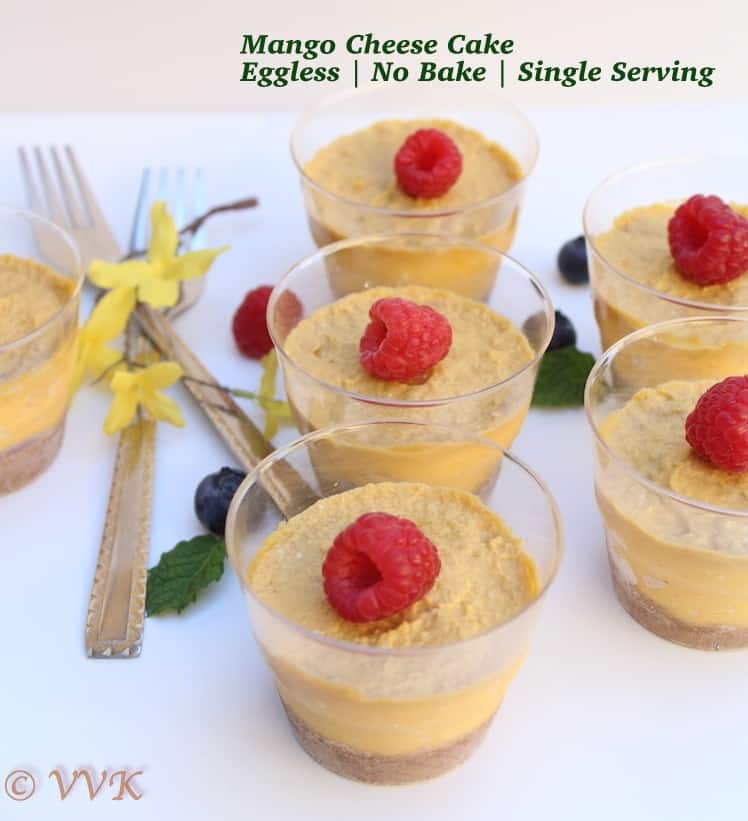 Five cute cups of the No Bake Eggless Mango Cheesecake served with Agar Agar