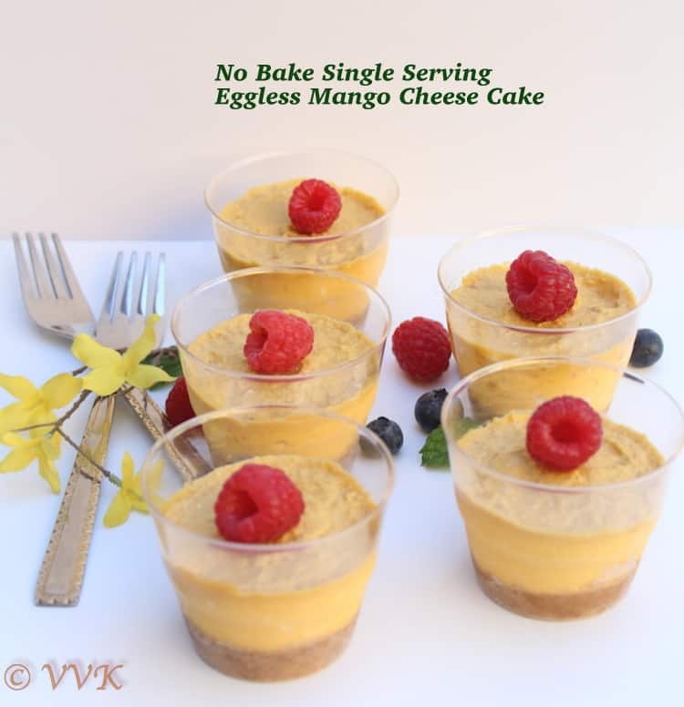 Single serving No Bake Eggless Mango Cheesecake with Agar Agar with two forks on the side