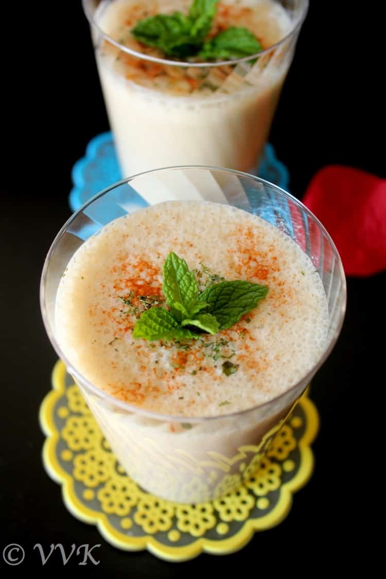 Closeup on the delicious Spicy Savory Tamarind Lassi decorated with mint