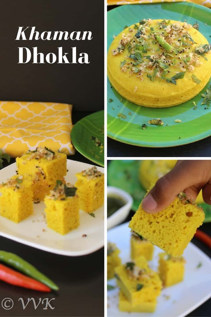 Khaman Dhokla collage of three images with the text on top of one of them