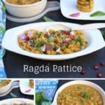 Ragda pattice or ragda patties collage of three images with text overlay in the middle