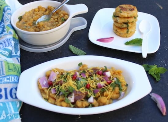 Serving Ragda Pattice or Ragda Patties in three different vessels with different types of spoons