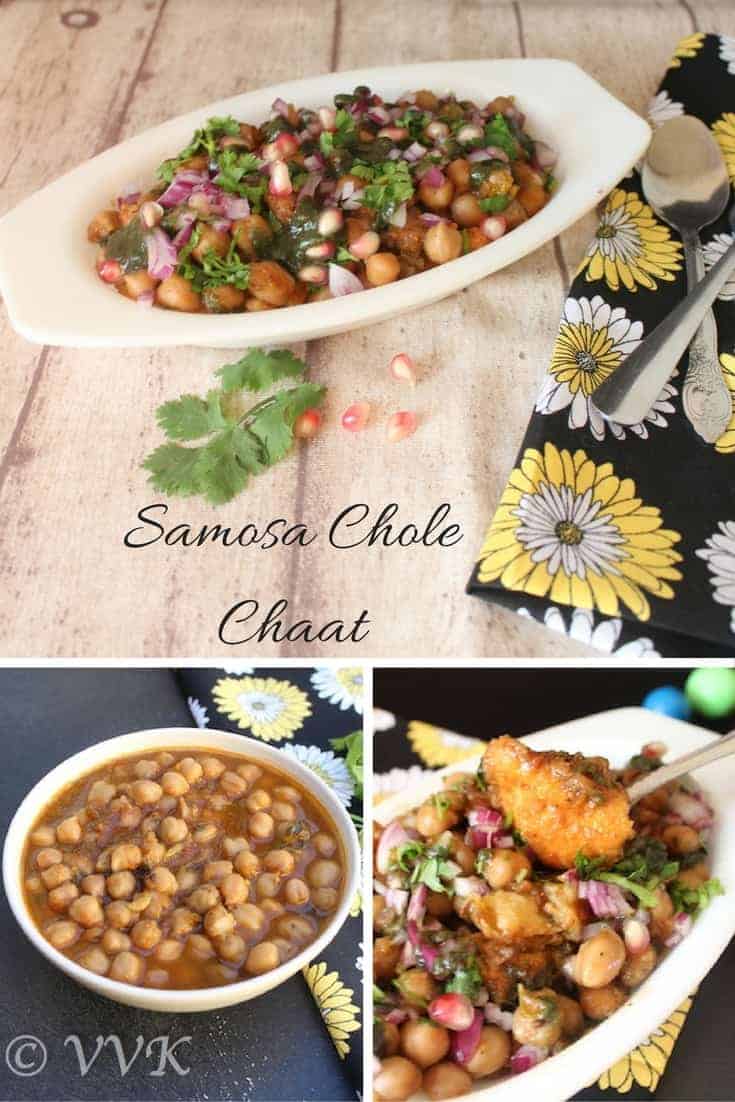 Samosa Chole Chaat collage of three images with text overlay in the bottom of the top image