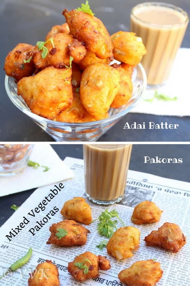 Adai Batter Vegetable Pakoras served in a glass bowl and on a piece of paper