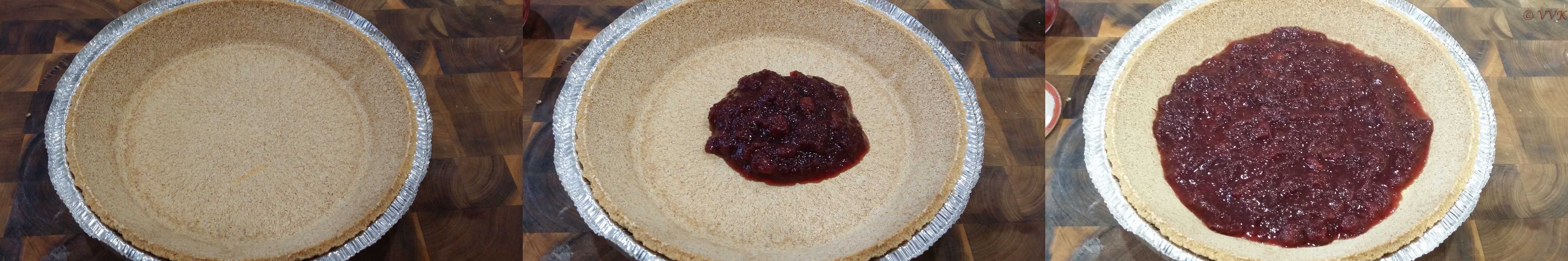 Adding the cranberry sauce to the bottom of pie crust and spreading it out evenly