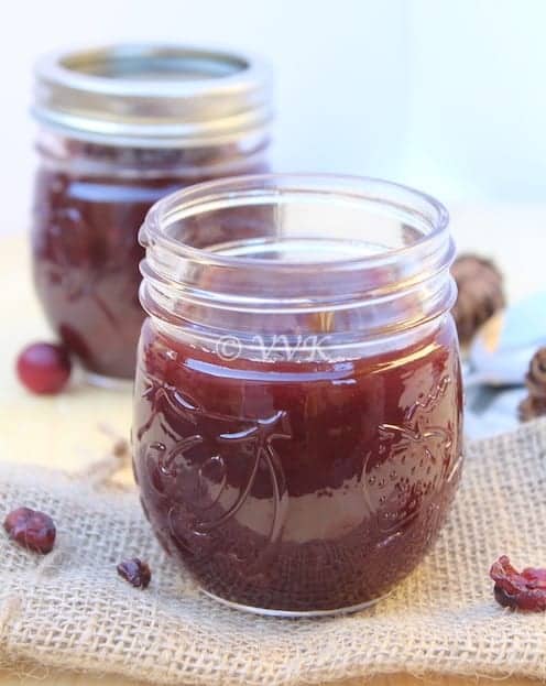 Closeup on the delicious Slow Cooker Cranberry Sauce in a jar