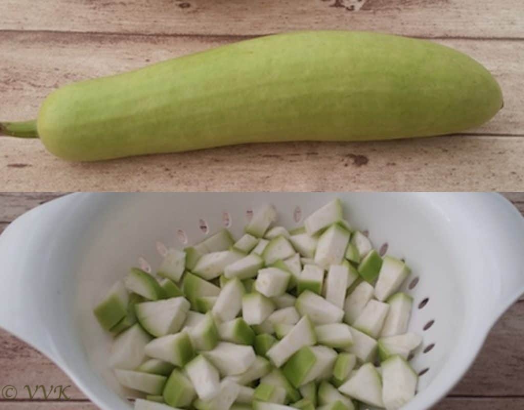 Peeling the bottle gourd skin and chopping into small pieces