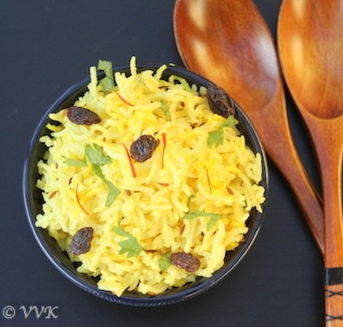 Overhead on the delicious vegan turmeric saffron rice looking extra bright and inviting