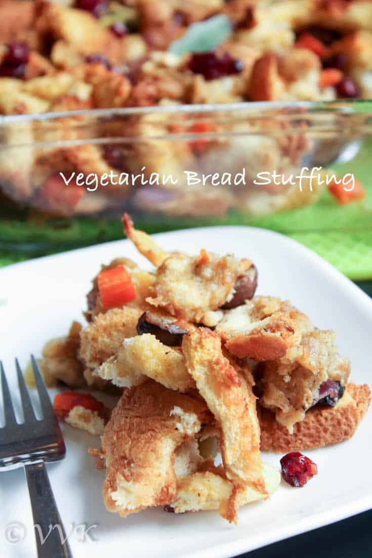 Vegetarian Bread Stuffing closeup with text overlay