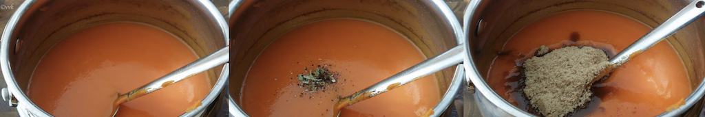 Adding puree to the steaming water and mix well with cane sugar, powdered elaichi and cloves
