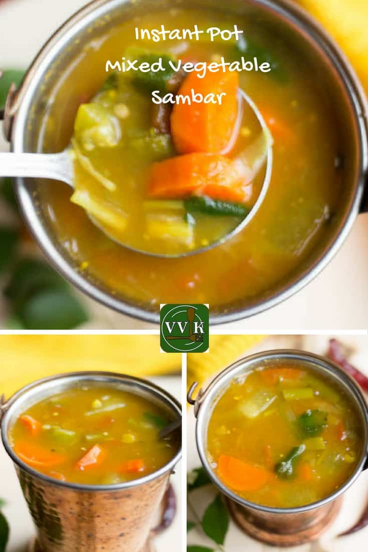 Instant Pot Mixed Vegetable Sambar collage with text overlay