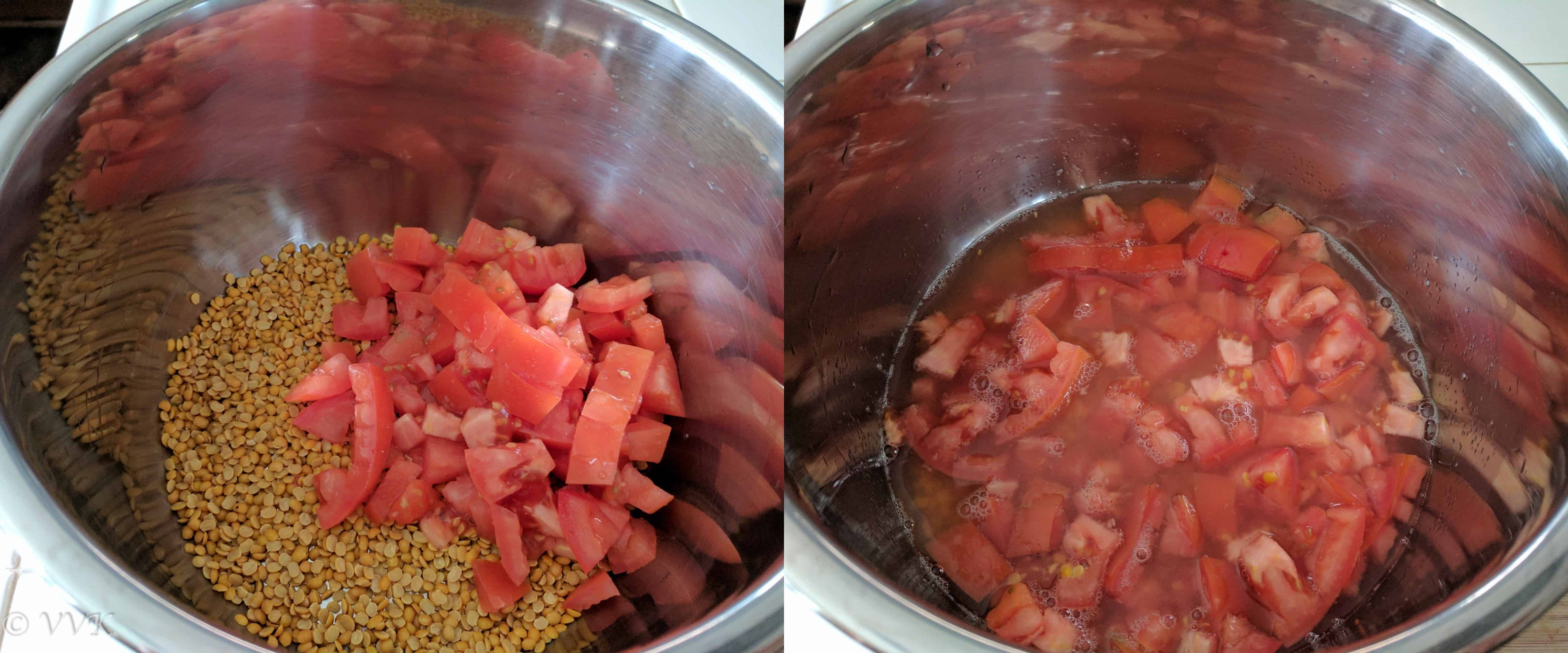 Washed dal, tomatoes and 1.5 cups of water ready for cooking in manual mode in Instant Pot