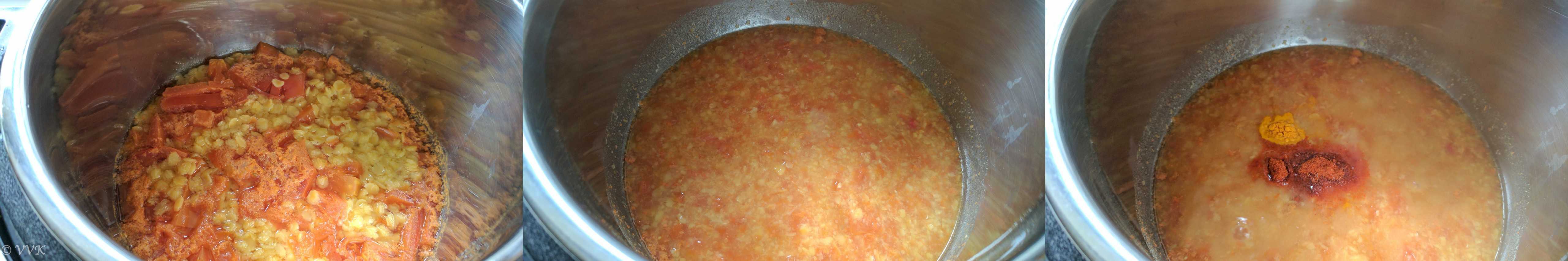 Mashed dal and tomato in the opened Instant Pot using a potato masher