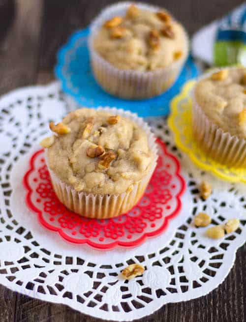 Closeup on the delicious Eggless Apple Walnut Muffins looking yummy and perfect for breakfast
