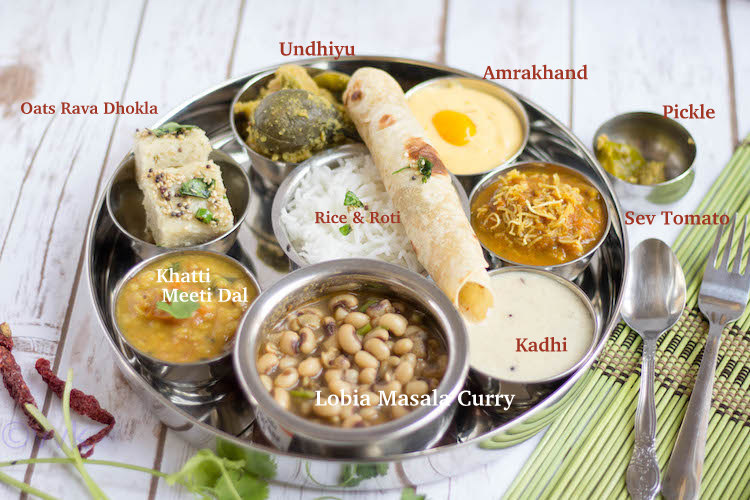 Gujarati Thali tray with each dish named