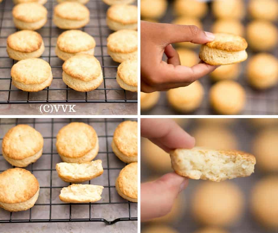 Collage of four images showing Baked Buttermilk Biscuits - from the oven to the first bite