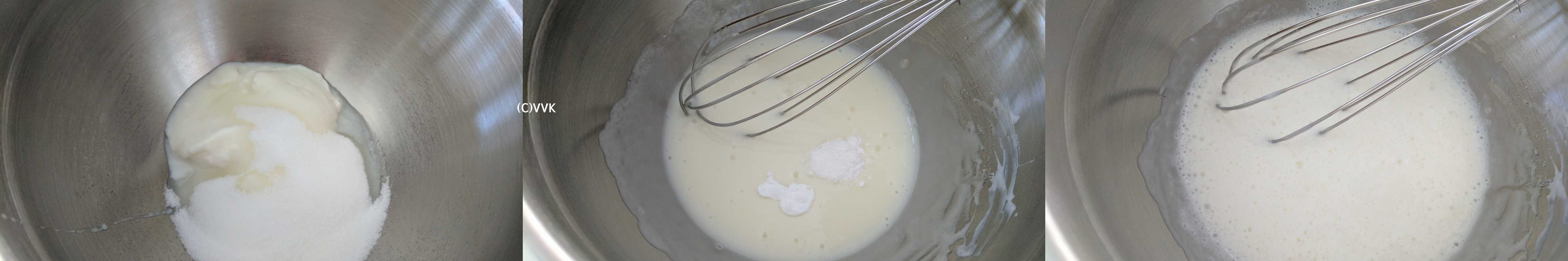 Adding the yogurt and sugar in a wide bowl and whisking them together