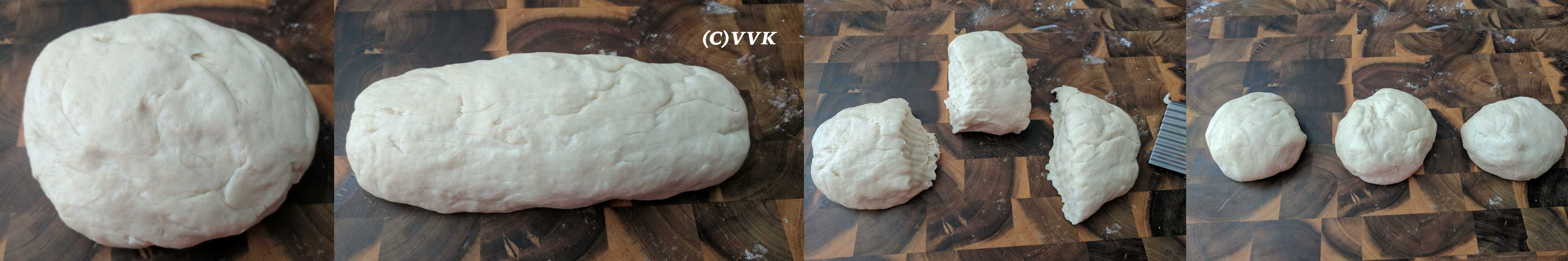 Rolling the dough into a single log and dividing it into three equal portions