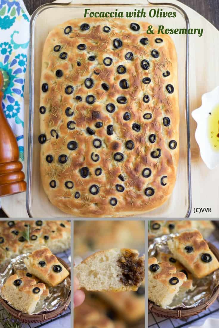 Focaccia Bread with Olives and Rosemary collage with text overlay