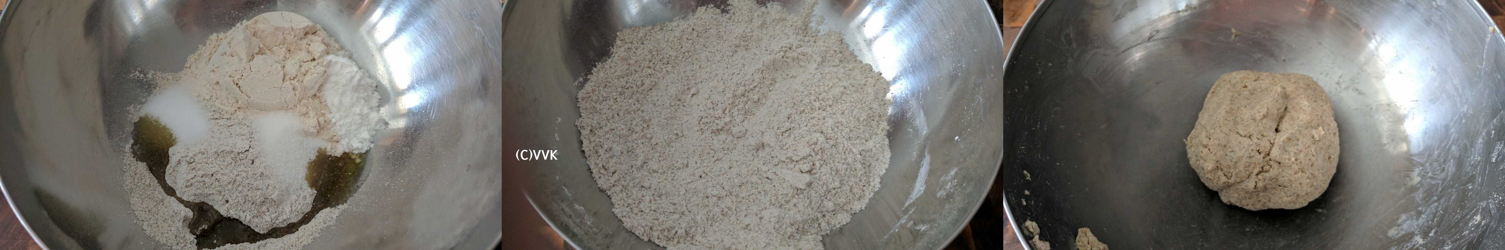 Mixing rye flour, wheat flour, baking powder, sugar, and salt in a wide mixing bowl