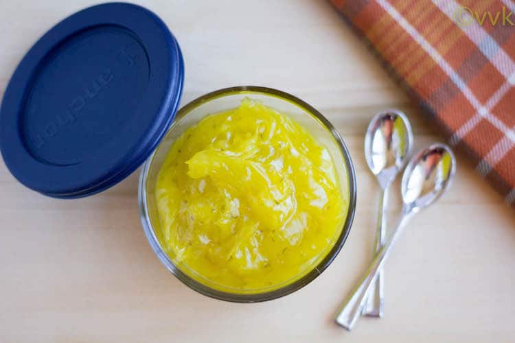 Serving Eggless Butterless Lemon Curd or Lime Curd with two metal spoons