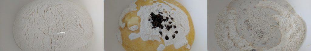 Adding the sifted flour, sugar, salt, butter and raisins, then mixing them