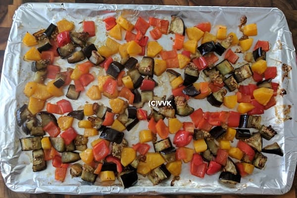 Roasting vegetables in a baking tray