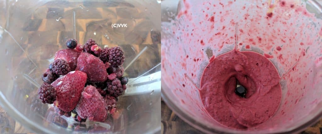 Blending the yogurt and the frozen berries in a mixer jar