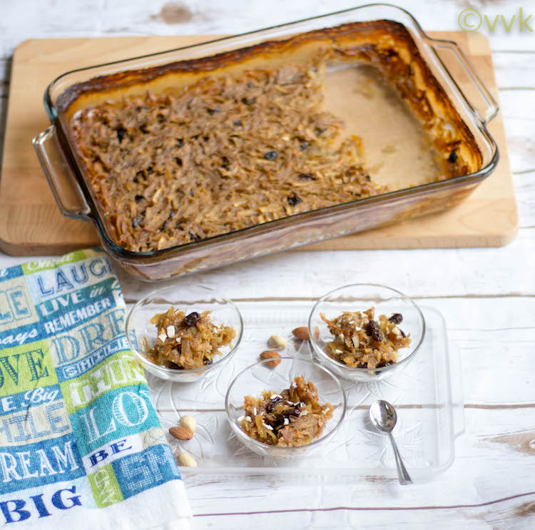 Vegan Sweet Potato Pone or Sweet Potato Pudding served in small glass bowls with a big casserole in the back