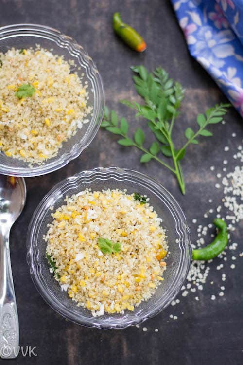 Barnyard Millet Flakes Upma served with green herbs and chili around