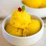 Tropical Sorbet - Mango and Pineapple Sorbet - Square Image of the Dish in a White Bowl
