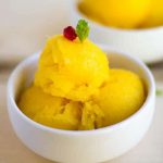 Tropical Sorbet - Mango and Pineapple Sorbet - Square Image of the Dish in a White Bowl