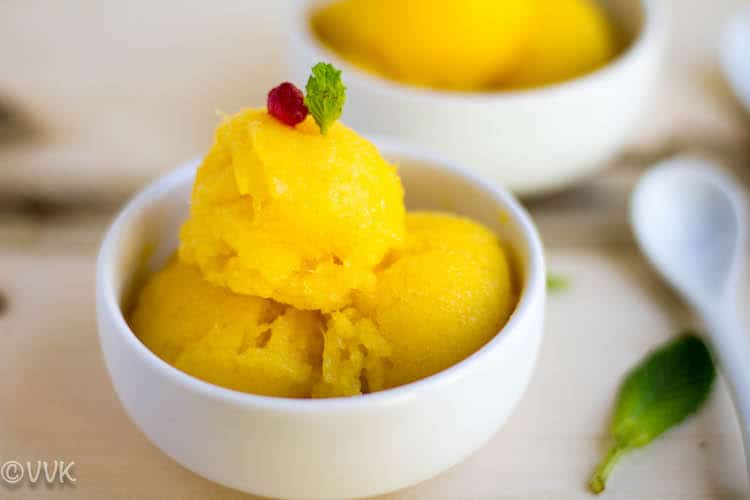 Tropical Sorbet - Mango and Pineapple Sorbet Beautiful Hero Shot of the Dish in a White Bowl
