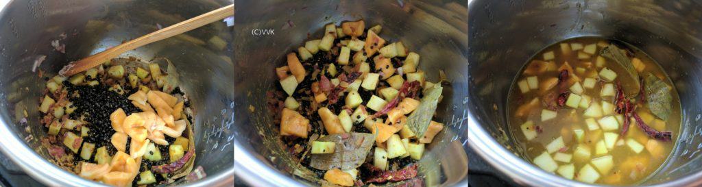 Adding the chopped papaya, coriander powder, cumin powder, turmeric powder and mixing evreything.