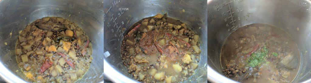 Adding the washed dal, jackfruit pieces, salt and water