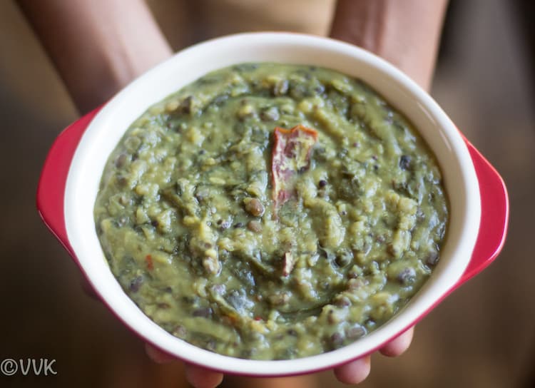 Holding vegan and gluten free Instant Pot Dal Sagga or Spinach and Lentils Gravy in two hands