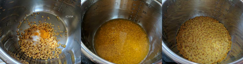 Adding the washed toor dal, salt, turmeric powder and water to an Instant Pot